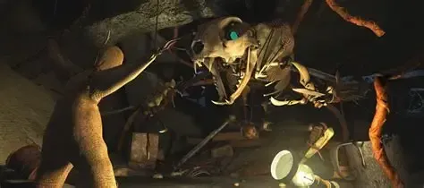 A wooden figure faces a monstrous skeleton with glowing green eyes in a dimly lit, cluttered space. The skeleton is animated.