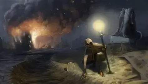 A creature with goggles kneels, holding a glowing staff, looking toward an exploding building in a dark, surreal setting.