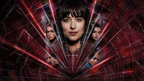 Dakota Johnson in a red-toned promotional poster. Several women surround her in a spiderweb design.
