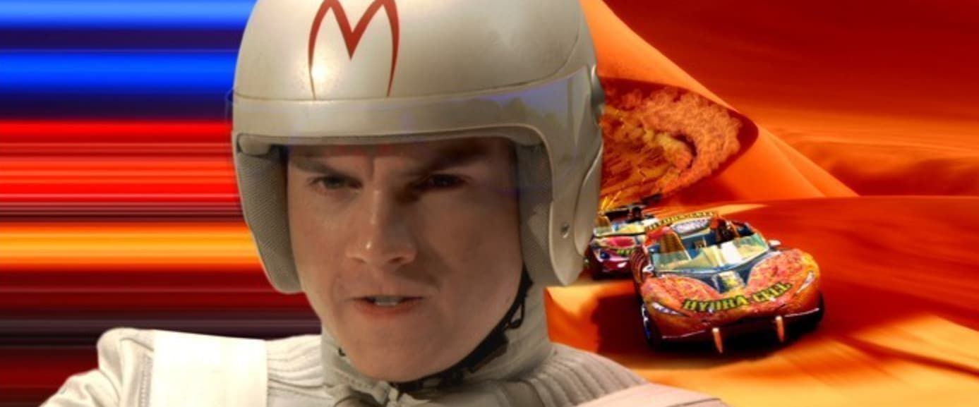 Speed Racer with helmet in front of a red-and-blue racing backdrop and his race car