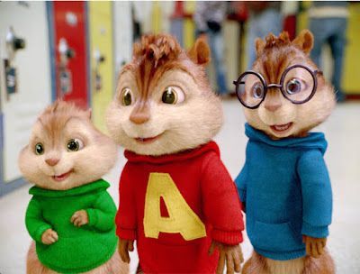 Three cartoon chipmunks in hoodies: green, red with a yellow