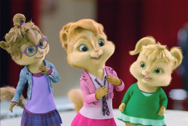 Three female chipmunks: Brittany, Jeanette, and Eleanor. They are smiling, wearing outfits with different colors, and standing together.
