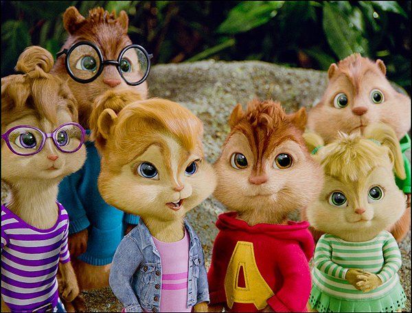 The Chipmunks and Chipettes, standing together outdoors. Alvin in red, Simon in blue, Brittany in denim, and others in various colors.