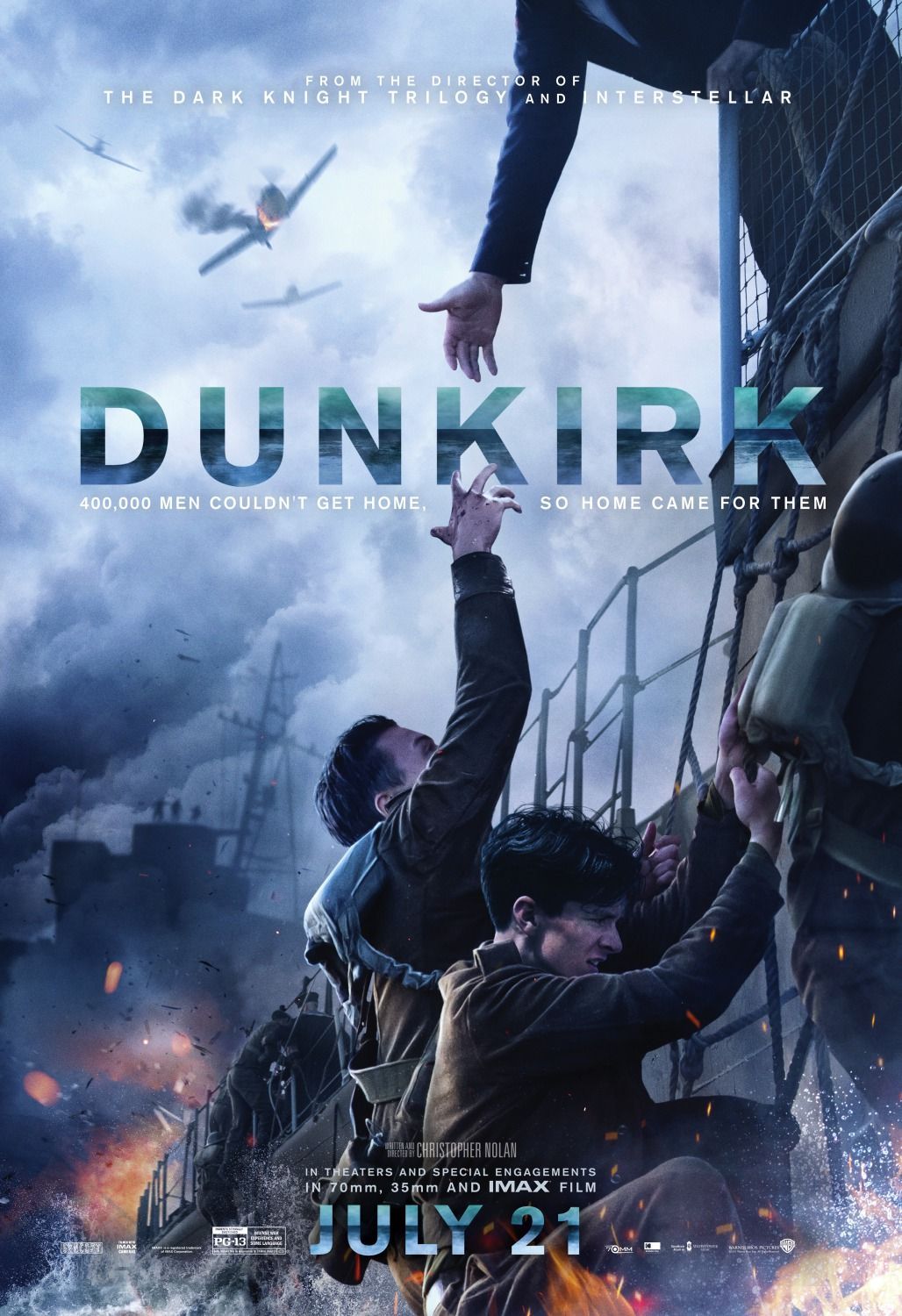 Soldiers reaching for help on a boat, under aerial attack. Dunkirk movie poster.