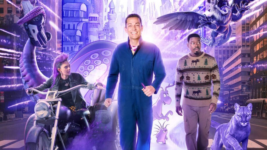 A vibrant movie poster. A man in blue coveralls leads two others on a city street, surrounded by fantasy creatures.