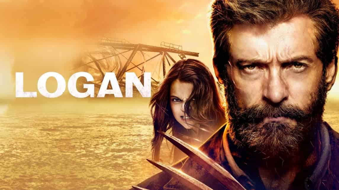 Logan movie poster: Wolverine with claws, looking weary, beside a girl; set in a desert.