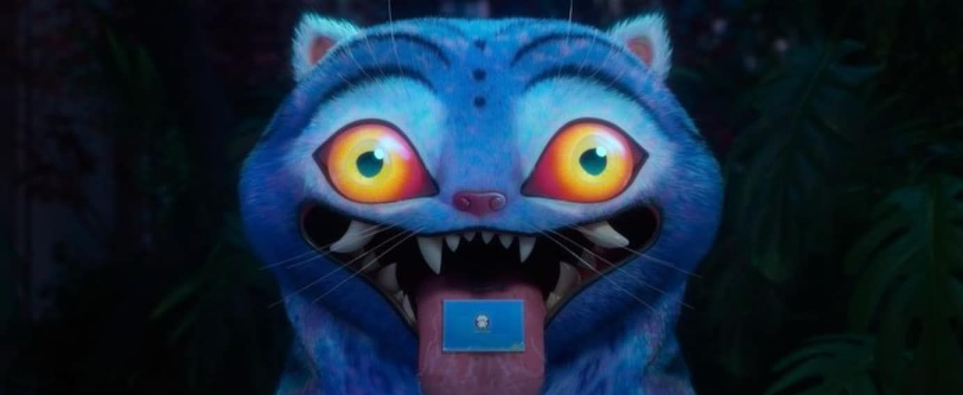 Woman in blue suit inside a circular pod with a figure in the background.