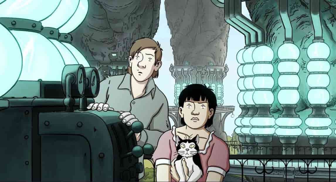 Man and girl with a cat stare in awe at glowing machinery in a steampunk-style setting.