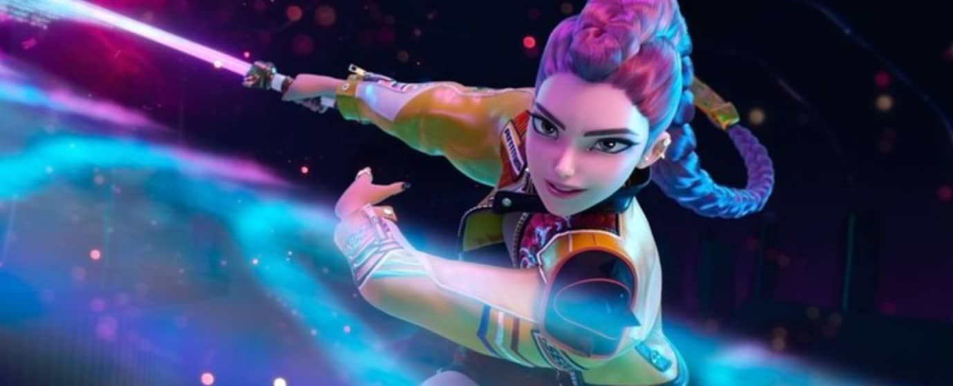 Rumi, strikes a dynamic action pose wielding a glowing sword with a trail of vibrant energy.