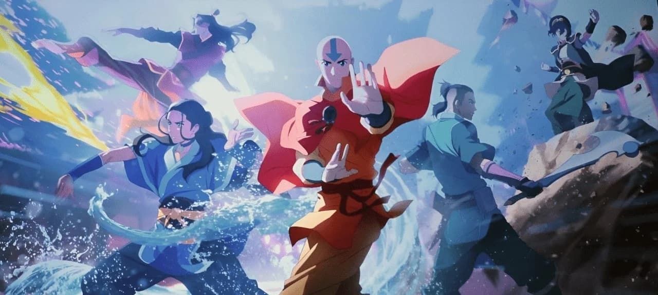 Animated scene featuring Aang, Katara, Zuko, Sokka, and Toph from Avatar: The Last Airbender.