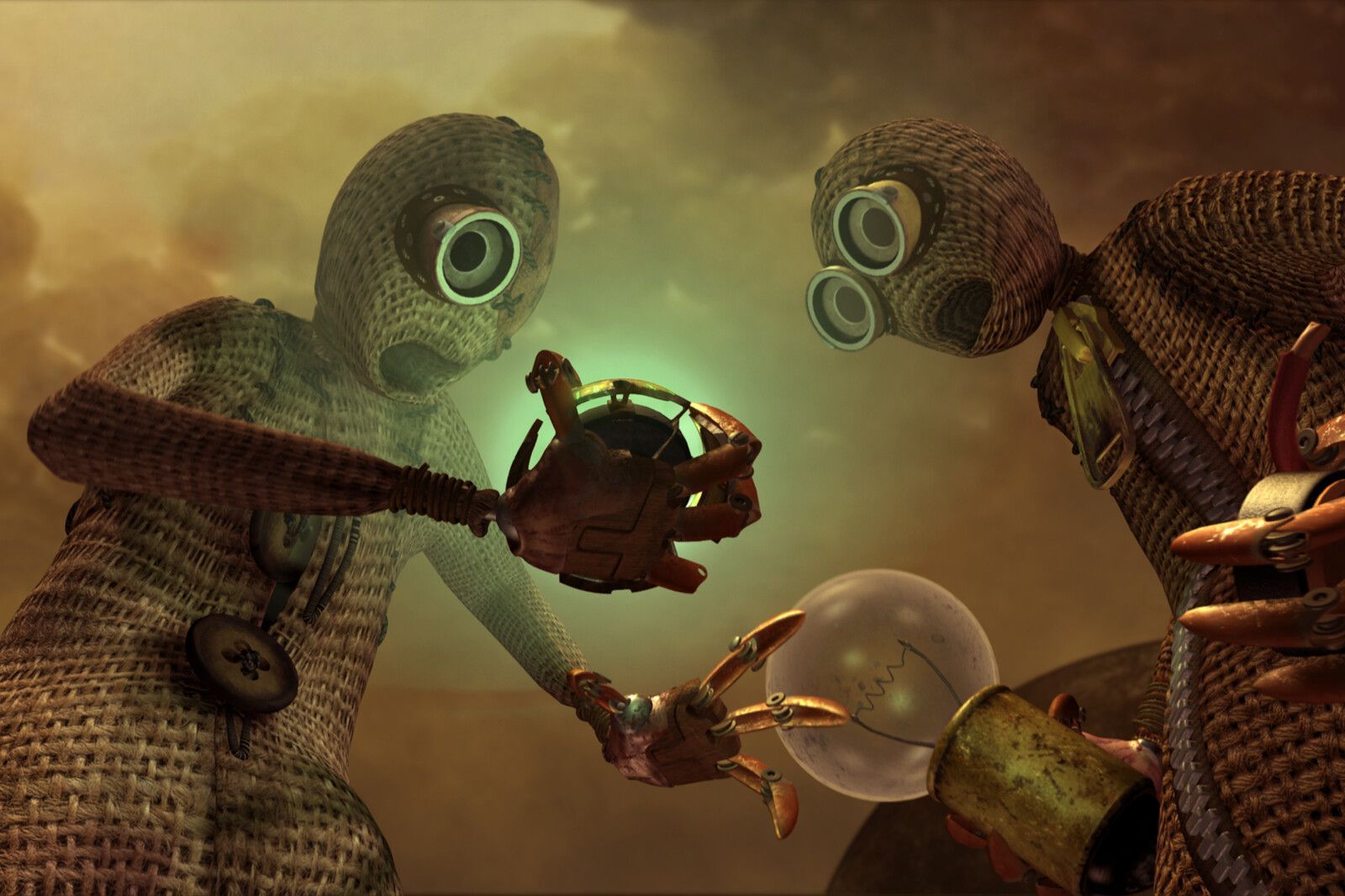 Two stitched ragdoll figures examine a glowing green orb. One figure holds a metallic-looking sphere, while the other looks on.