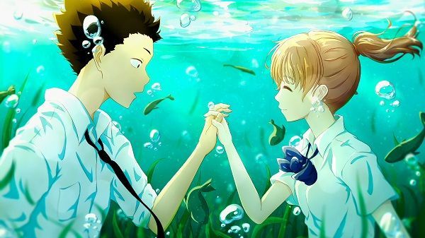Anime characters Shoya and Shoko holding hands underwater, surrounded by bubbles and plants.