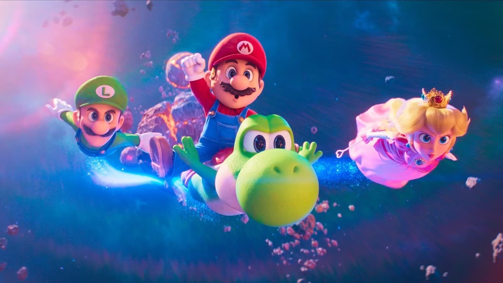 Mario, Luigi, and Princess Peach fly through space with a green Yoshi against a vibrant, star-filled nebula background.