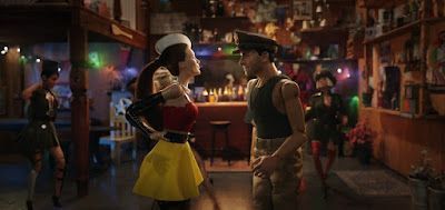 A sailor girl and a soldier in a bar, with a third person on the left.