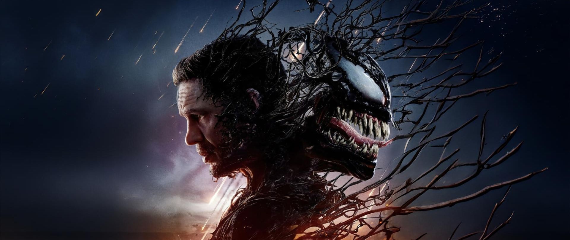 A Venom movie poster featuring Eddie Brock and Venom, with a stormy backdrop.
