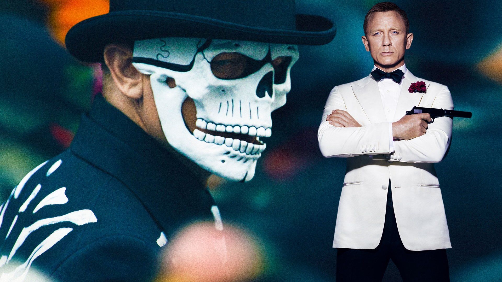 Daniel Craig as James Bond, in a white tuxedo holding a gun, and another figure in a skull mask and bowler hat.