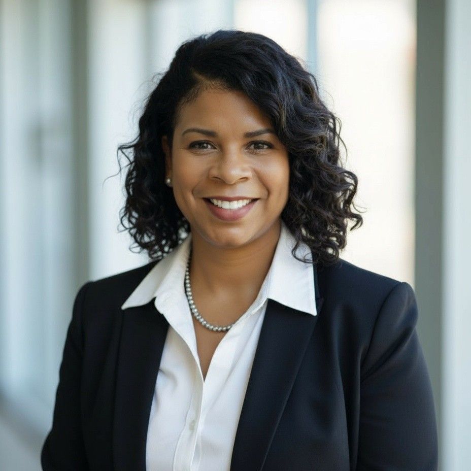 Woman with dark hair in a bun, wearing a blue floral top, smiles outdoors.