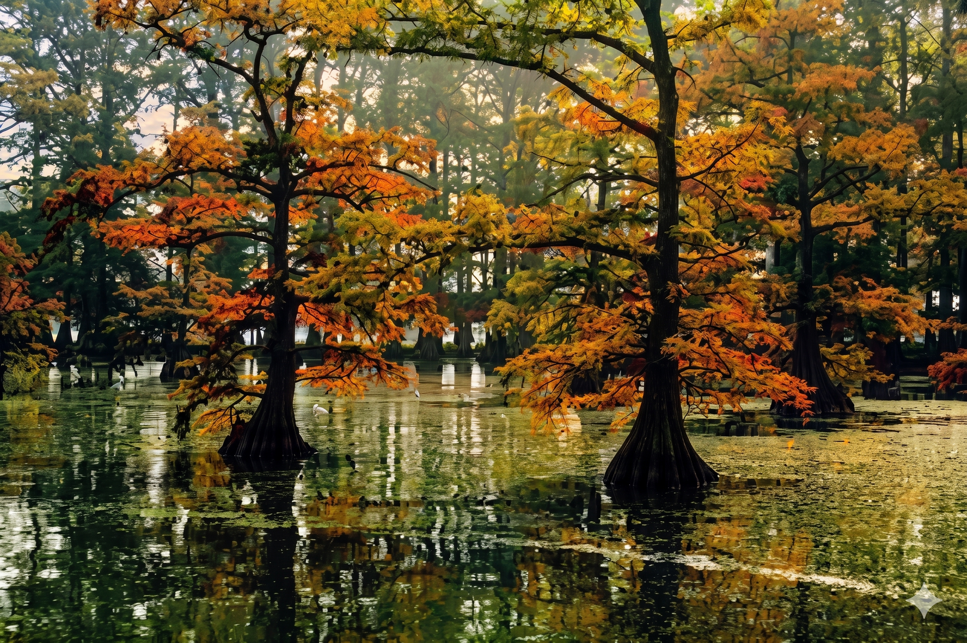 Autumn trees with orange leaves reflected in a calm flooded forest
