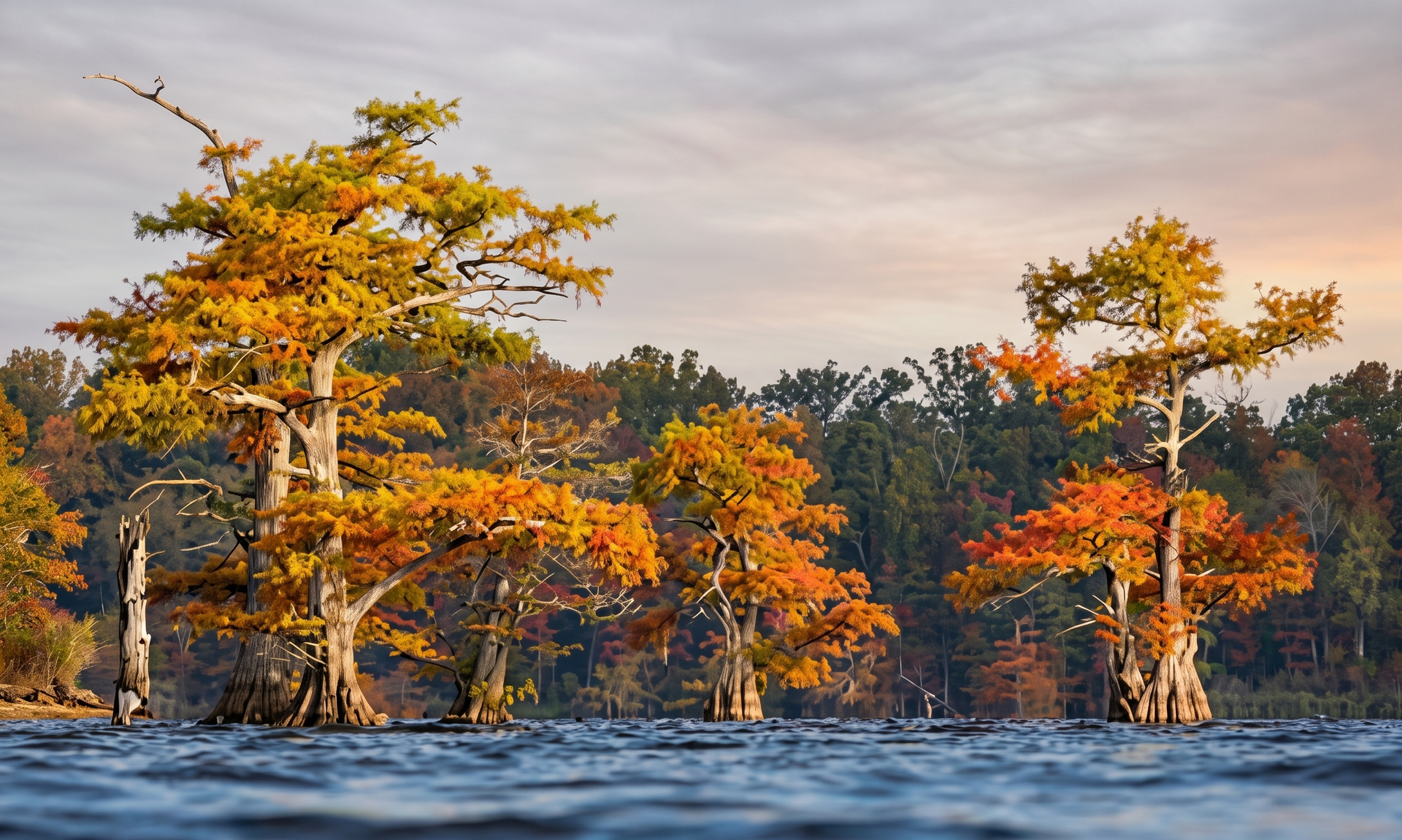 Autumn trees with golden leaves reflected in a calm lake at sunrise