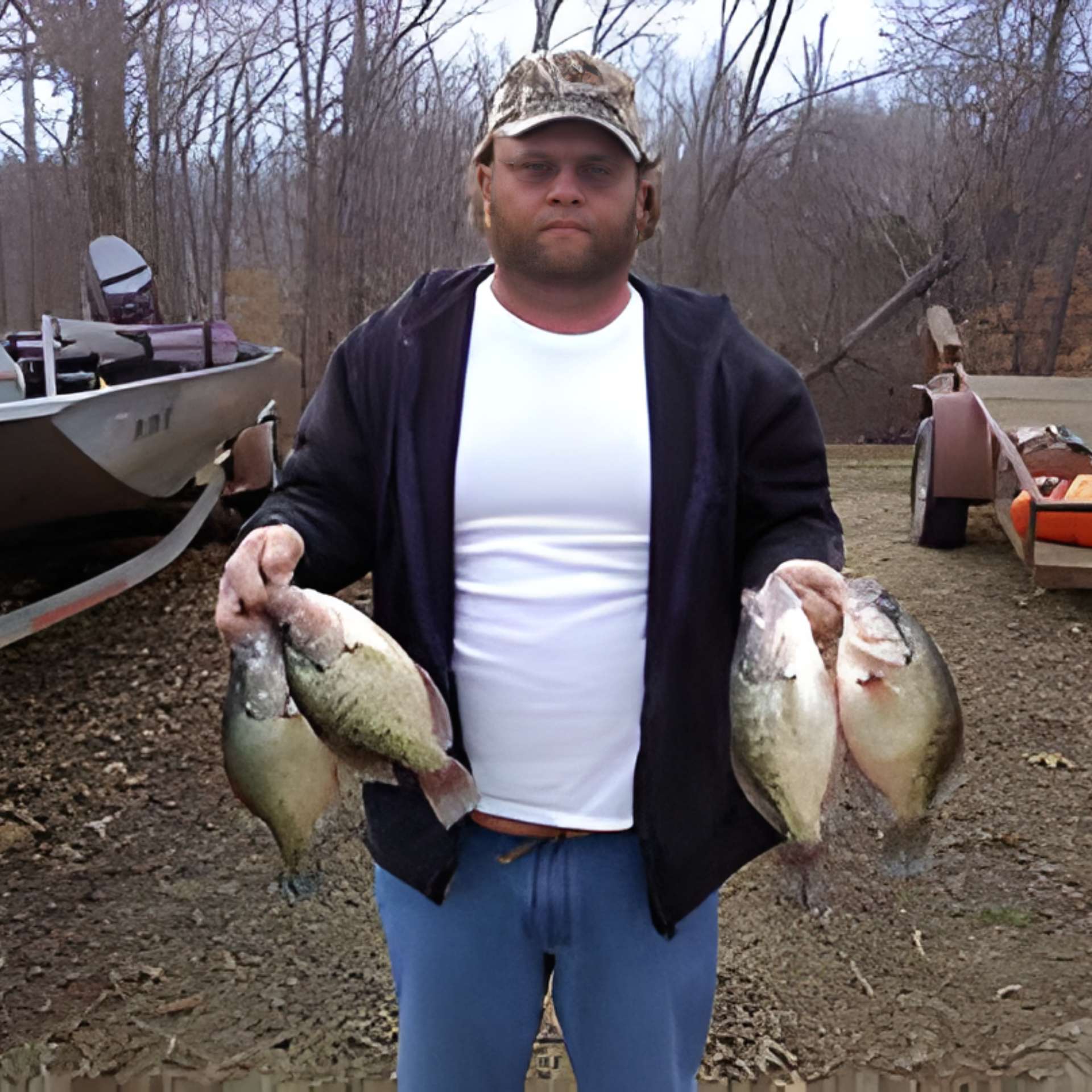 Man holding several fish beside a boat in a wooded outdoor area