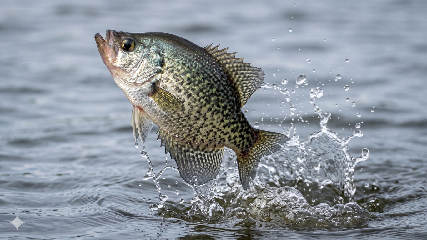 Fish leaping from water, splashing in a gray-blue lake.