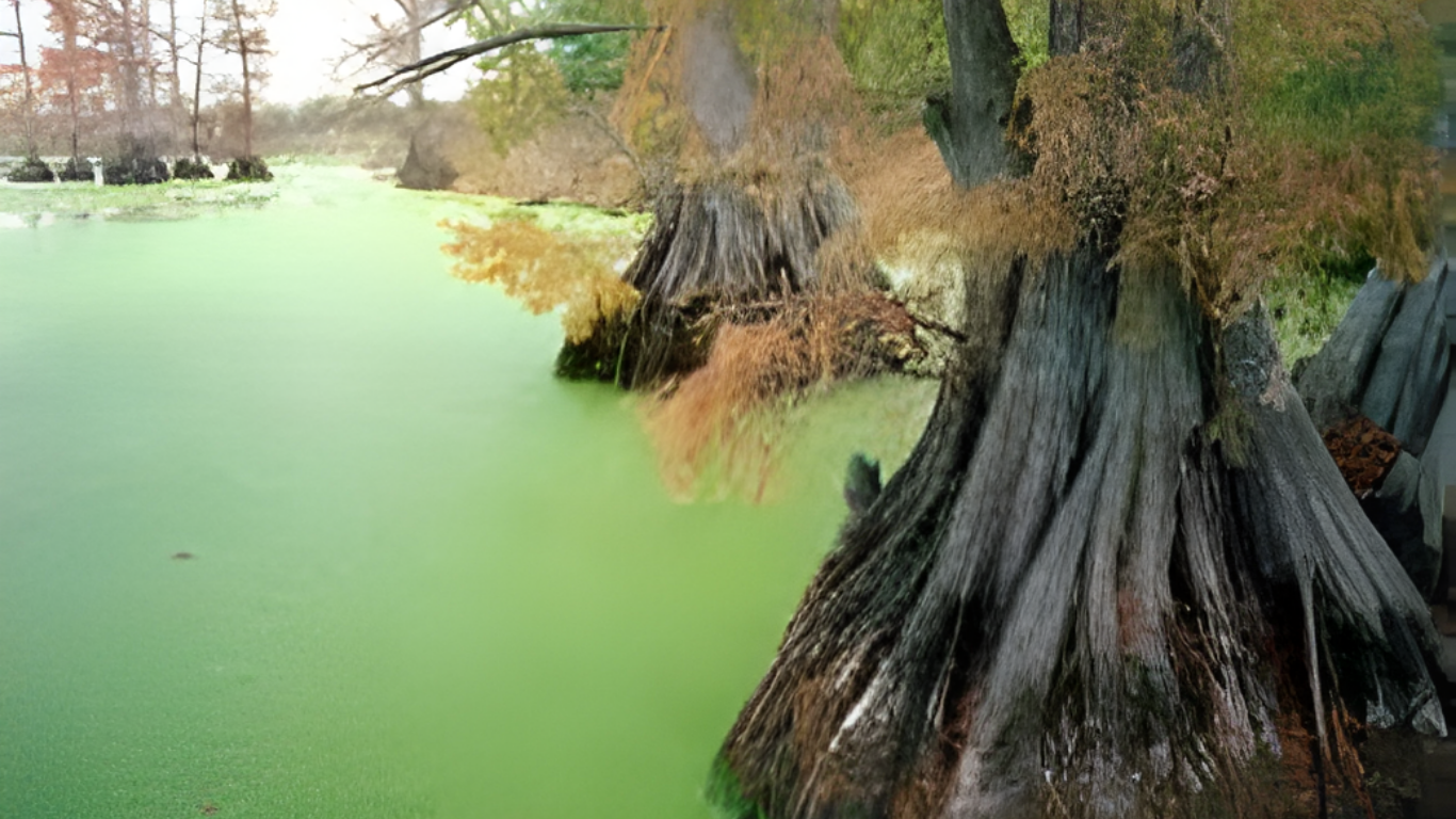 Green swamp water beside cypress trees with exposed roots and autumn foliage