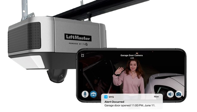 A garage door opener and a cell phone with a woman standing in front of a car.