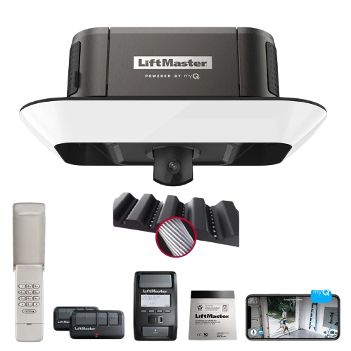 A lift master garage door opener with a camera and remote control.