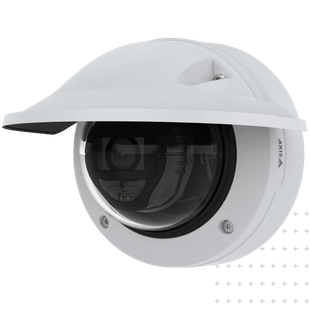 The Axis dome security camera on a wallmount and sun cover. 