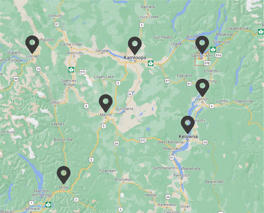Map of small towns around Kamloops, BC, like Lillooet, Salmon Arm, Merrit, Hope, Kelowna, Vernon etc. 