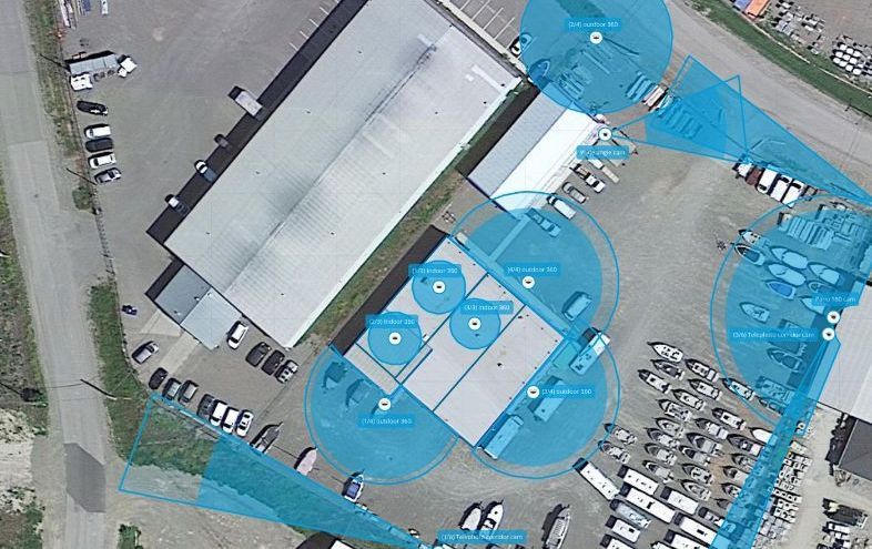 Remote location showing the overlay of the camera angles and what is covered by video surveillance.