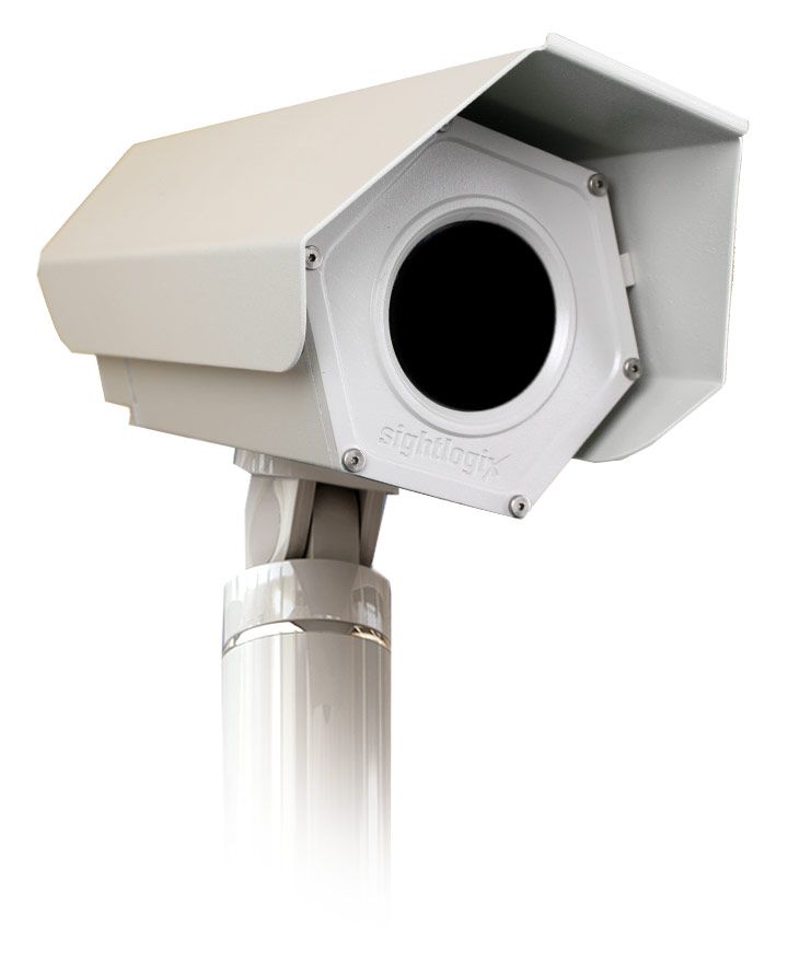 A white sightlogix security camera. 