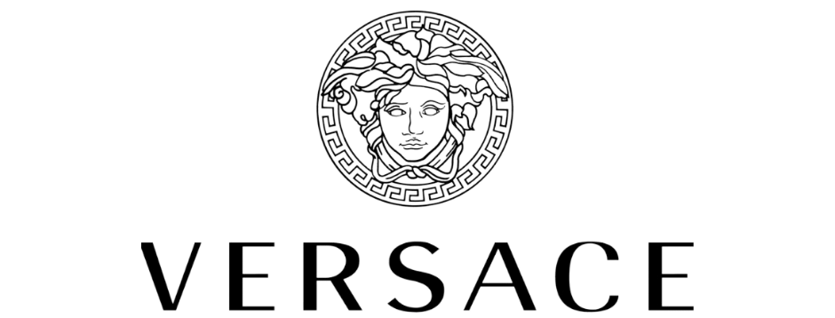 A black and white logo for versace with a woman 's head in a circle.