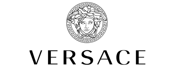 A black and white logo for versace with a woman 's head in a circle.