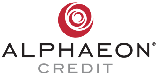 The logo for alphaeon credit is a red circle with a spiral in the middle.