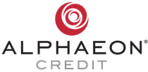 The logo for alphaeon credit is a red circle with a spiral in the middle.