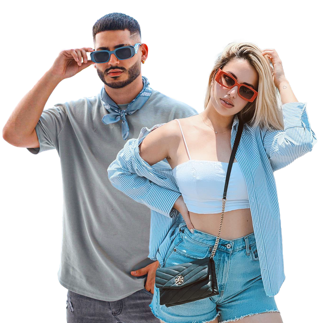 A man and a woman wearing sunglasses are standing next to each other.