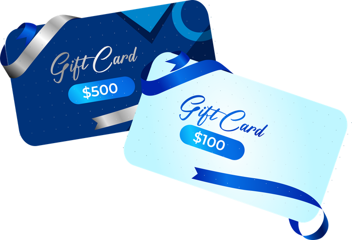 Two blue gift cards with a blue ribbon on a white background.