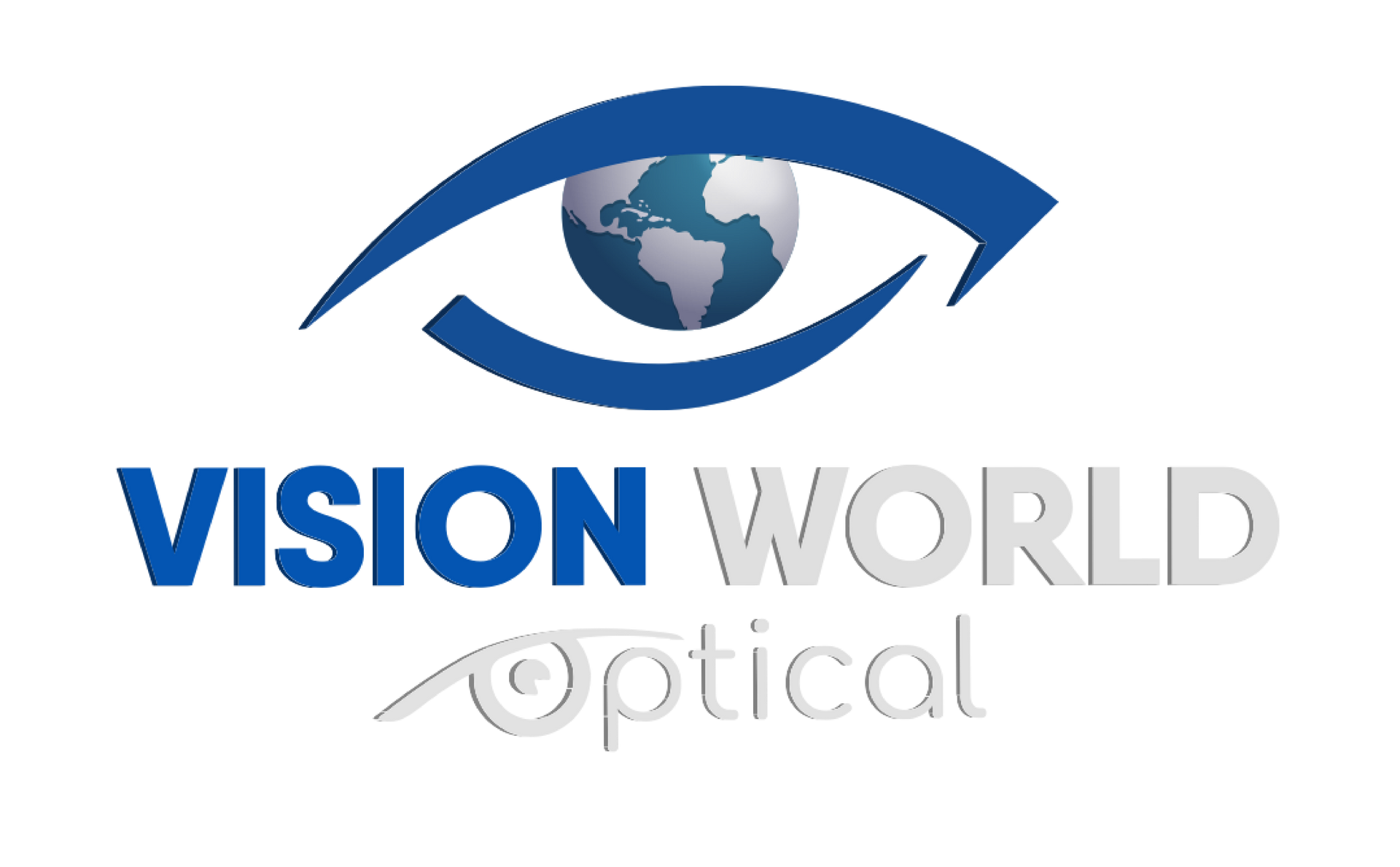 The logo for vision world optical is a blue eye with a globe in the middle.