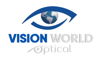 The logo for vision world optical is a blue eye with a globe in the middle.