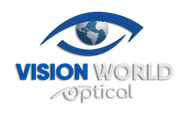 A logo for vision world optical with an eye and a globe