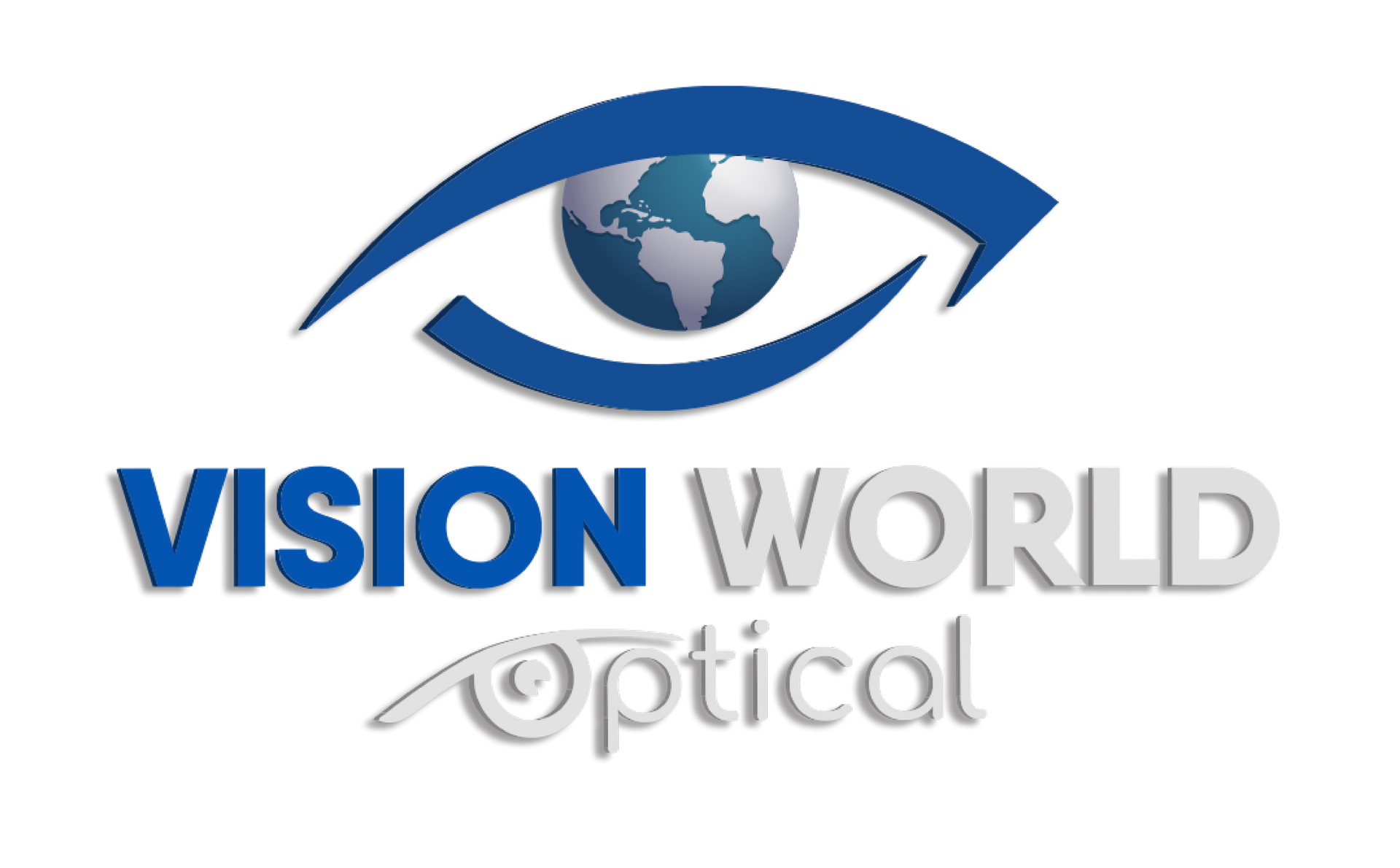 A logo for vision world optical with an eye and a globe