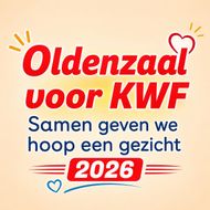 Oldenzaal voor KWF poster met tekst &ldquo;Samen geven we hoop een gezicht&rdquo; en &ldquo;2026&rdquo; in rood en blauw