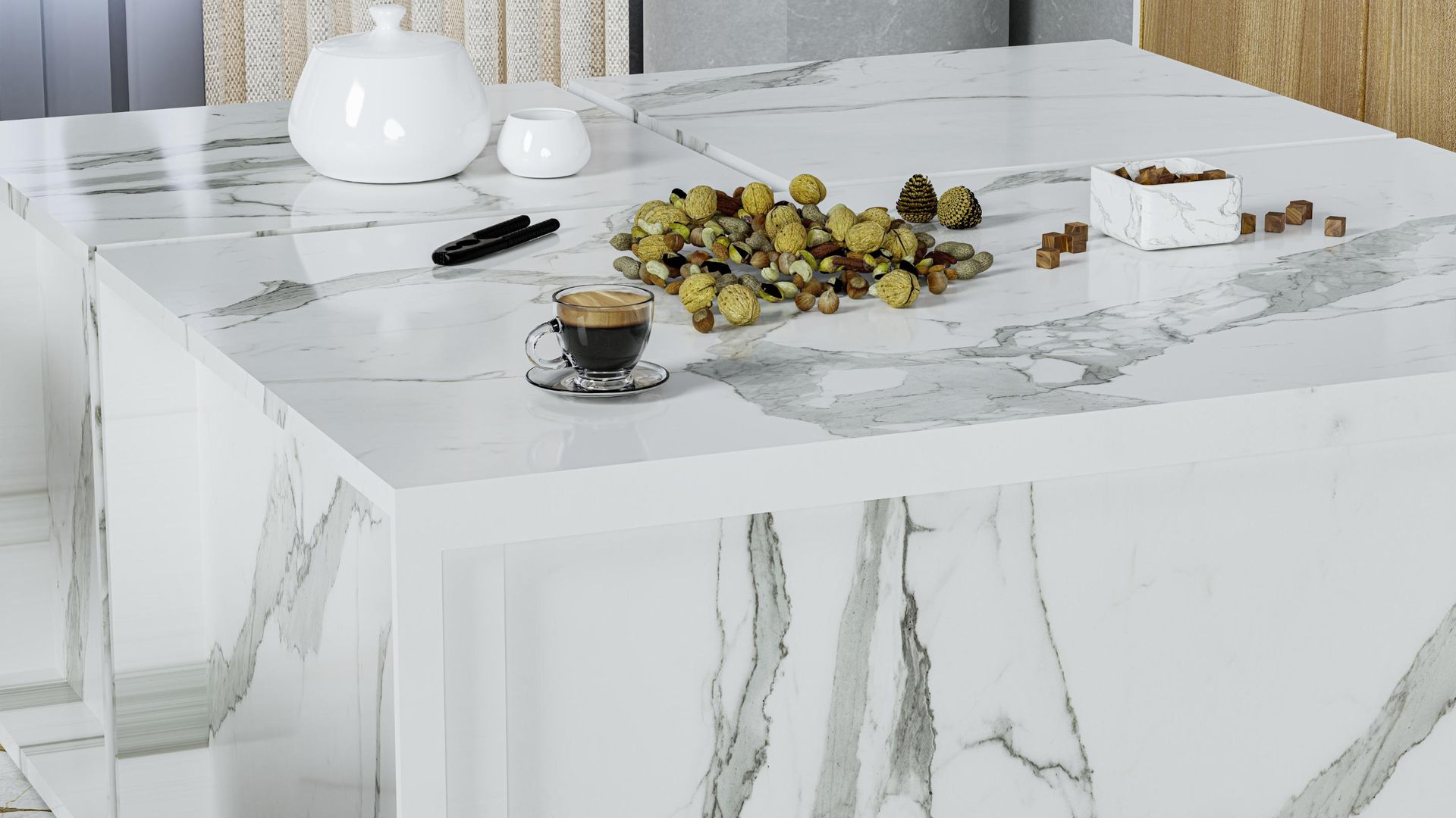 Marble dining table with a white vase, black remote, coffee cup, and a pile of snacks