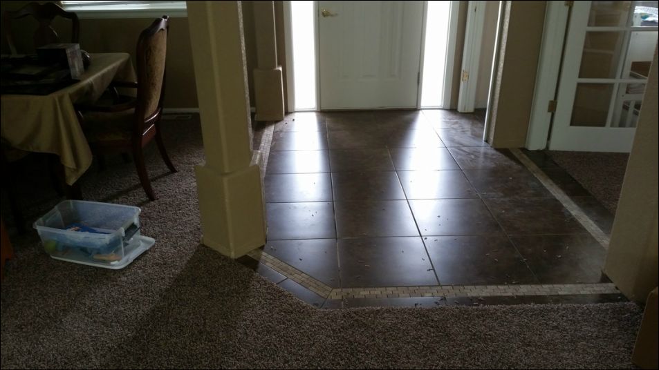 A room with a carpeted floor and a tiled floor