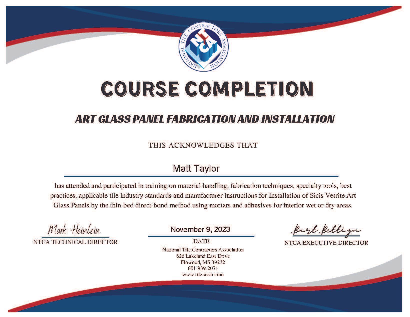 National Tile Contractors Association course completion certificate