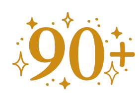 The number 90 is surrounded by stars on a white background.