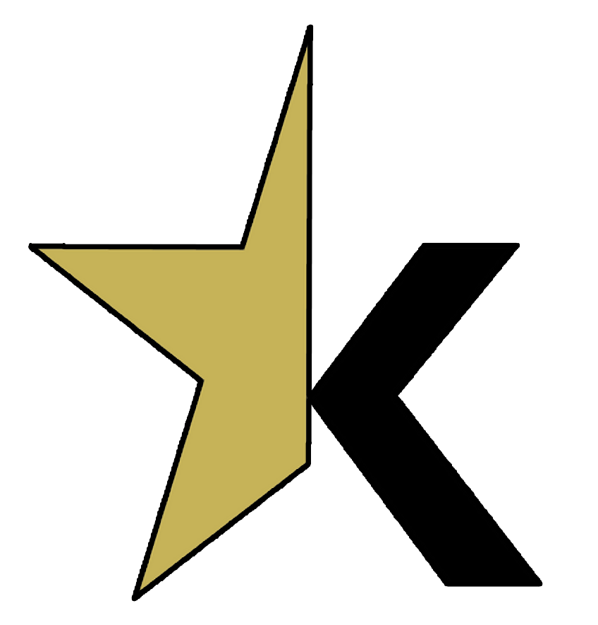 A gold star with a black k in the middle on a white background.
