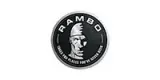 The logo for rambo shows a man 's face in a circle.