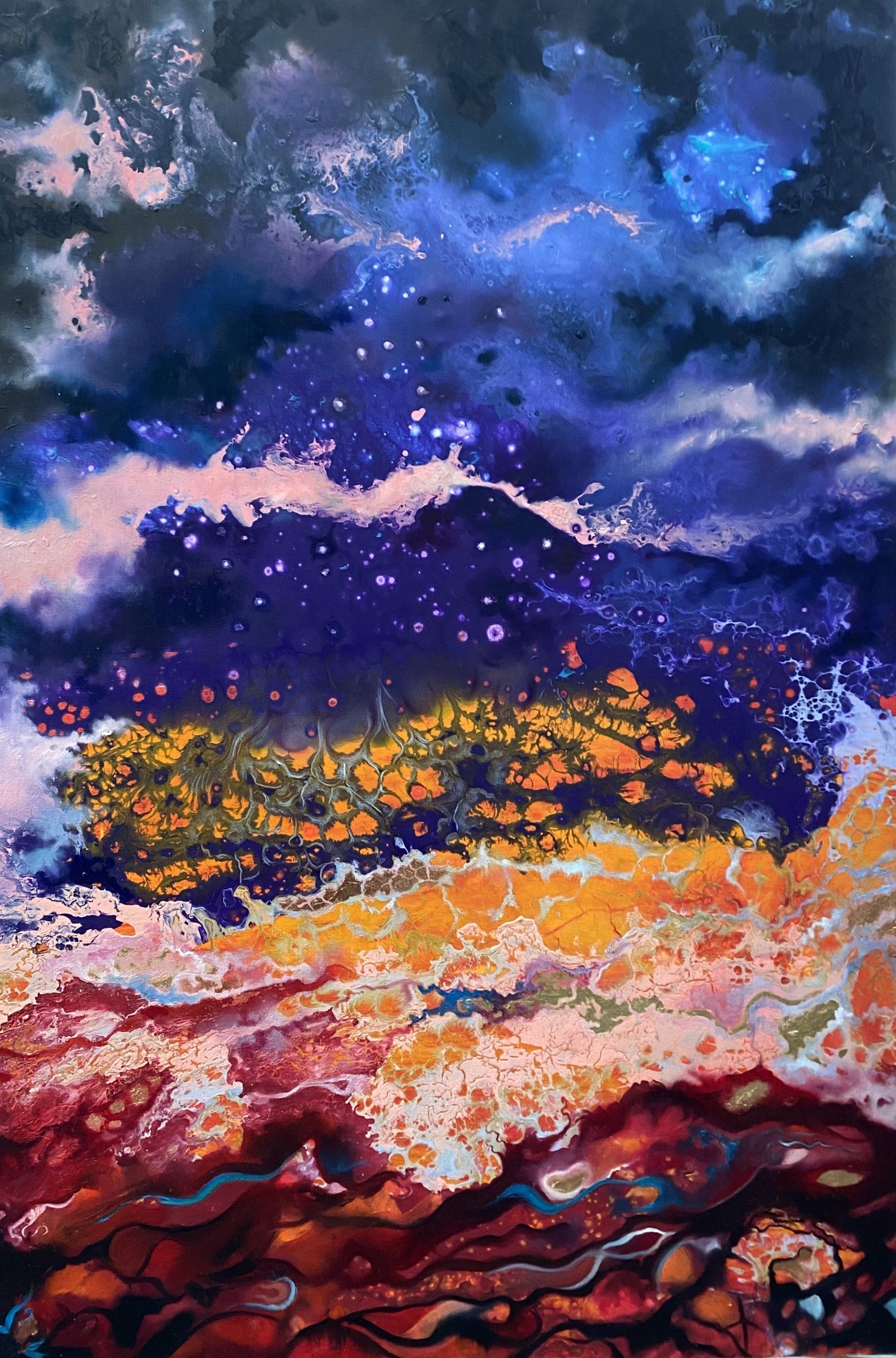 Acrylic pour base painting with added oil paint and gold and silver leaf to refine and embellish. Abstract in style with suggestions of a night sky and landscape. Deep reds, yellows, dark blues and purples and pink